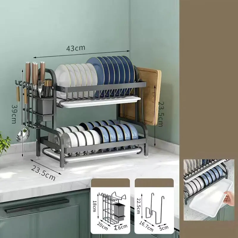 Multi-Functional 1/2-Tier Kitchen Dish Rack with Chopsticks, Knives & Cutting Board Holder – Space-Saving Sink Storage & Draining Rack