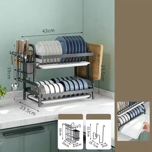Multi-Functional 1/2-Tier Kitchen Dish Rack with Chopsticks, Knives & Cutting Board Holder – Space-Saving Sink Storage & Draining Rack