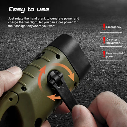 Portable LED Flashlight Tent Light – Hand Crank Dynamo & Solar Powered Torch for Camping, Hiking, and Emergency Use