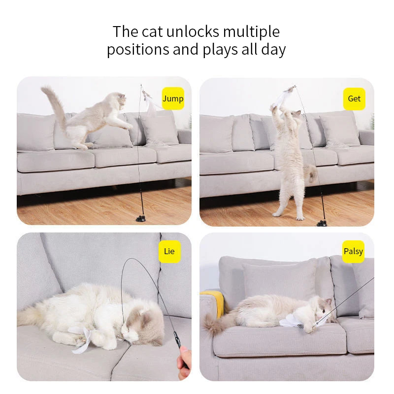 Interactive Handfree Cat Toy – Feather Teaser Wand with Suction Cup for Kitten Play