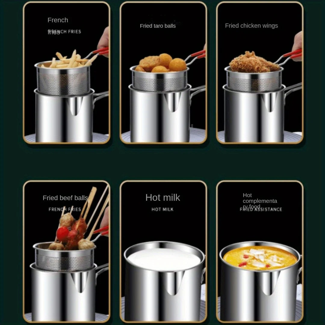 4PCS Stainless Steel Tempura Fryer Pot Set – Japanese Deep Fry Pan with Mesh Strainer, Lid & Food Clip