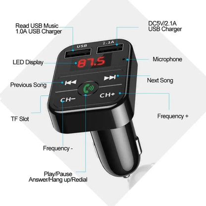 VIKEFON Car Bluetooth 5.0 FM Transmitter Receiver TF Handsfree Car Kit 2.1A Dual USB Car Charger Audio Wireless Car Adapter