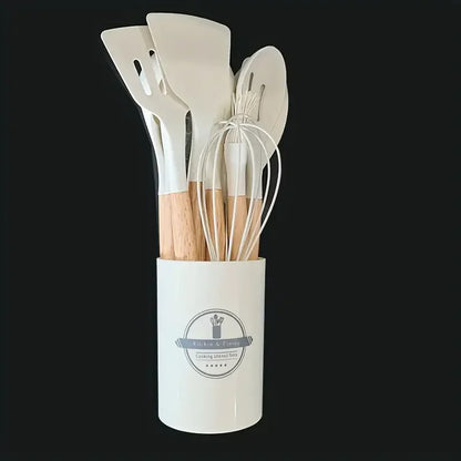 12PCS Silicone Kitchen Utensils Set – Heat-Resistant Non-Stick Spatulas & Spoons with Wooden Handles
