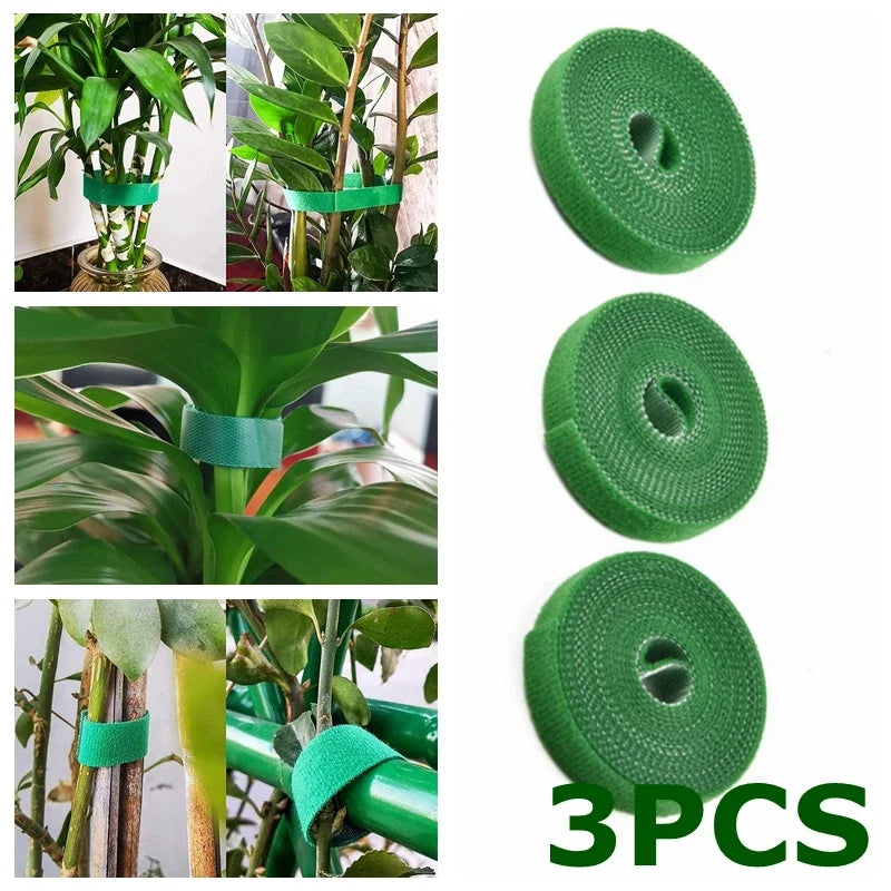 Green Garden Plant Ties – 3 Rolls of Reusable Nylon Hook & Loop Twine for Plant Support and Cable Organization