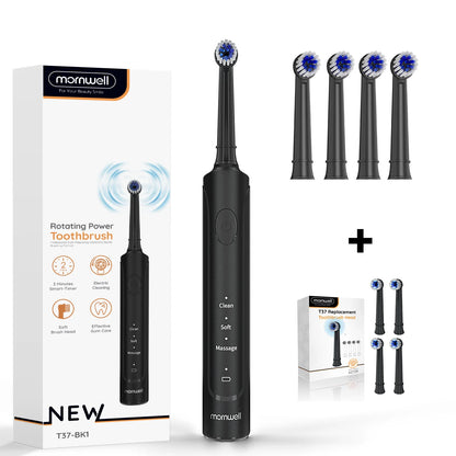 Rechargeable Electric Toothbrush – T37 Sonic Toothbrush for Adults with 4 Brush Heads & 3 Cleaning Modes