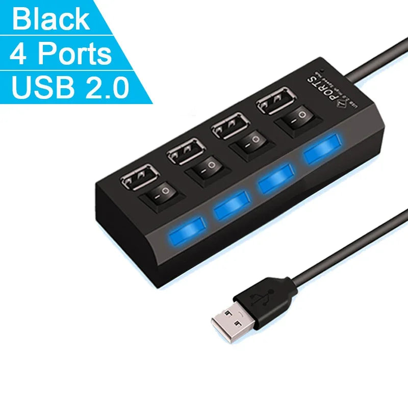 Multi USB Splitter Hub 2.0 – 4/7 Port High-Speed USB Expander with LED Switch for PC & Laptop Data Transfer