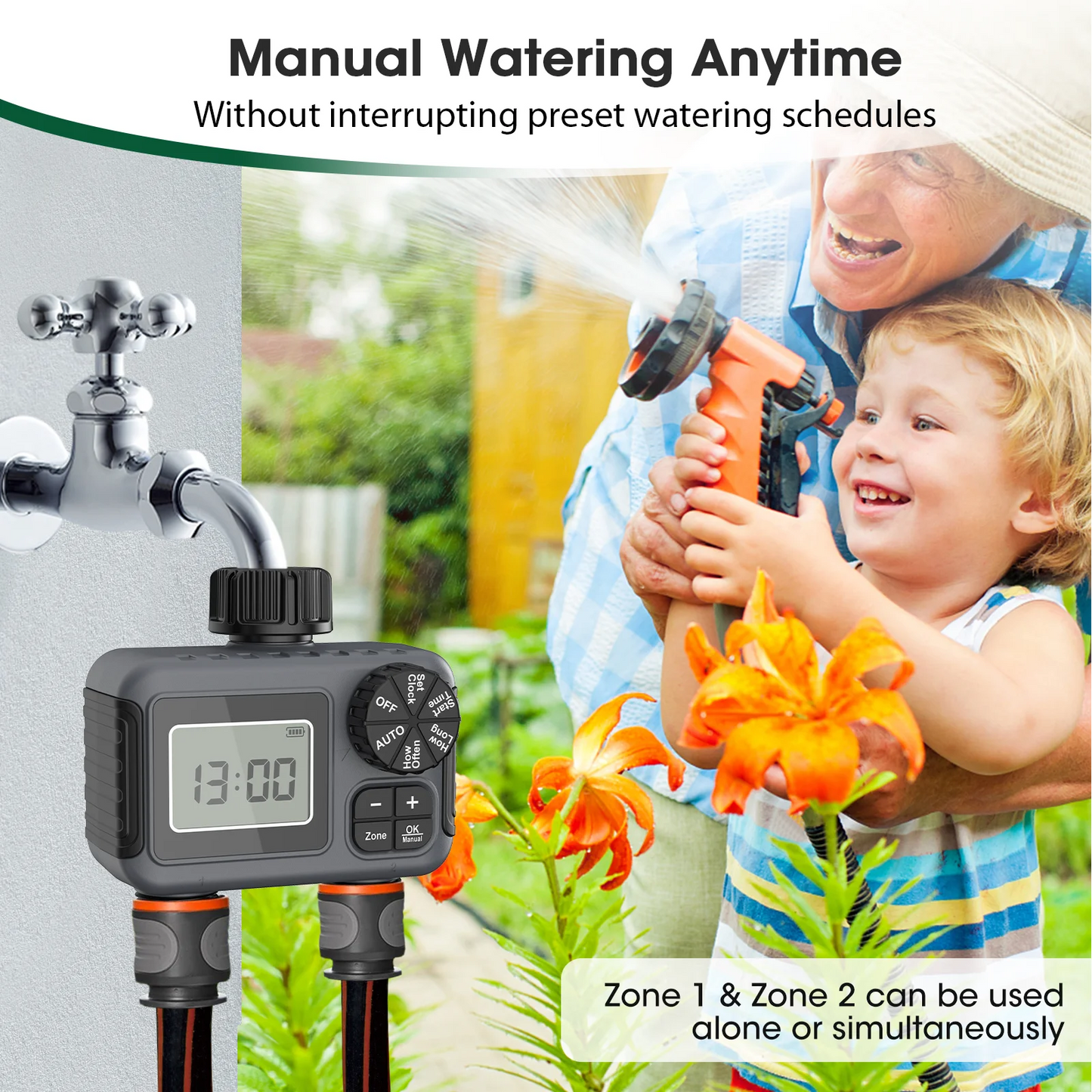 Insoma 2-Zone Sprinkler Timer – Programmable Hose Timer with Rain Delay & Manual Modes (IPX5 Waterproof)