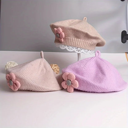 Flower Baby Beret Hat – Winter Warm Knitted Beanie Cap for Infant Girls