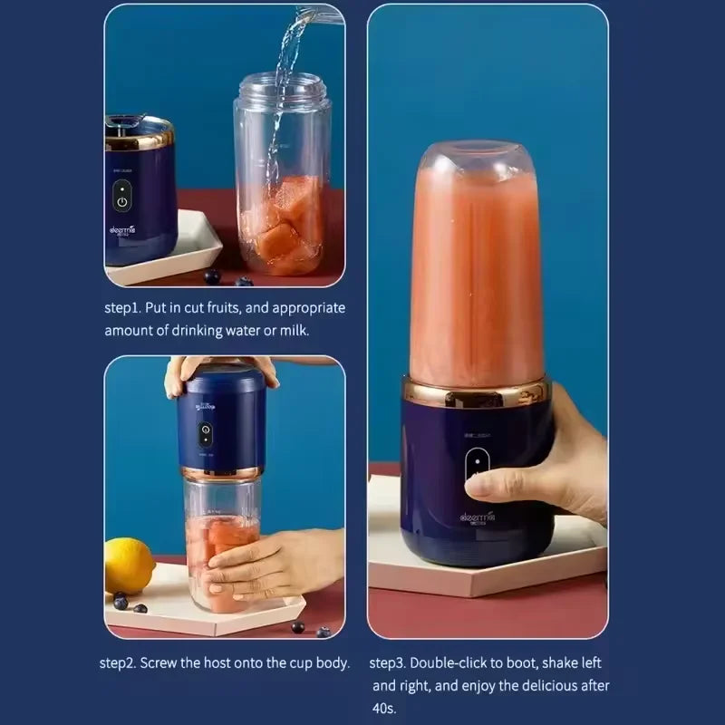 Electric Juicer with 6 Blades USB Portable Wireless Mini Smoothie Blender – Fruit Squeezer & Ice Crusher, 300ML Rechargeable Cup for Kitchen & Travel