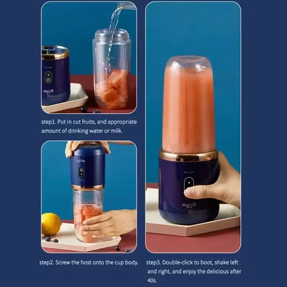 Electric Juicer with 6 Blades USB Portable Wireless Mini Smoothie Blender – Fruit Squeezer & Ice Crusher, 300ML Rechargeable Cup for Kitchen & Travel