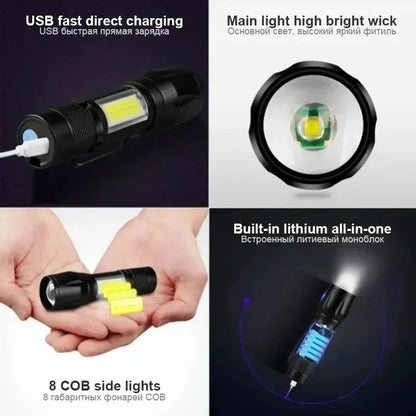 COB + XPE Mini USB Rechargeable Flashlight – Zoomable Small Torch with Clip, 350 Lumens, Waterproof Emergency Light for Camping, Hiking, Fishing