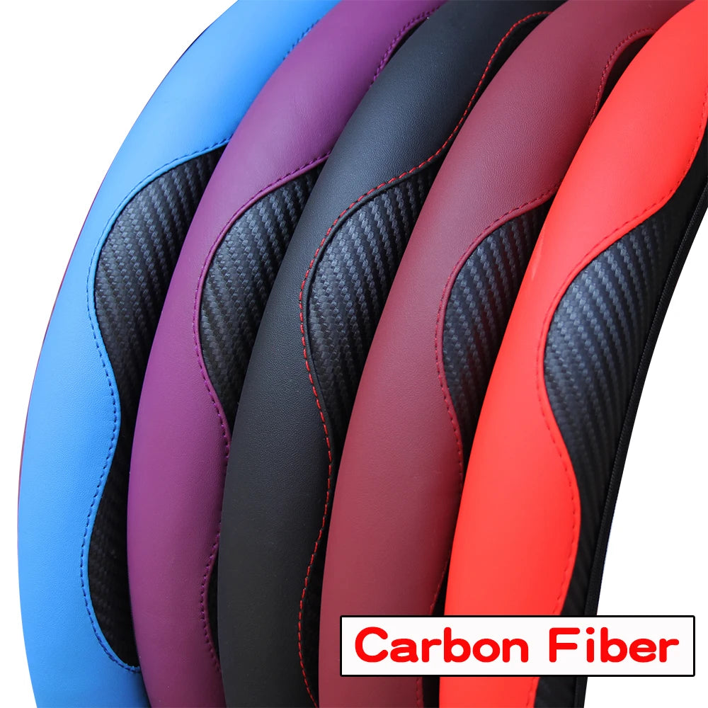 PU Carbon Fiber Leather Steering Wheel Cover – Fits 14.5–15 Inch Cars, Durable Automotive Accessory