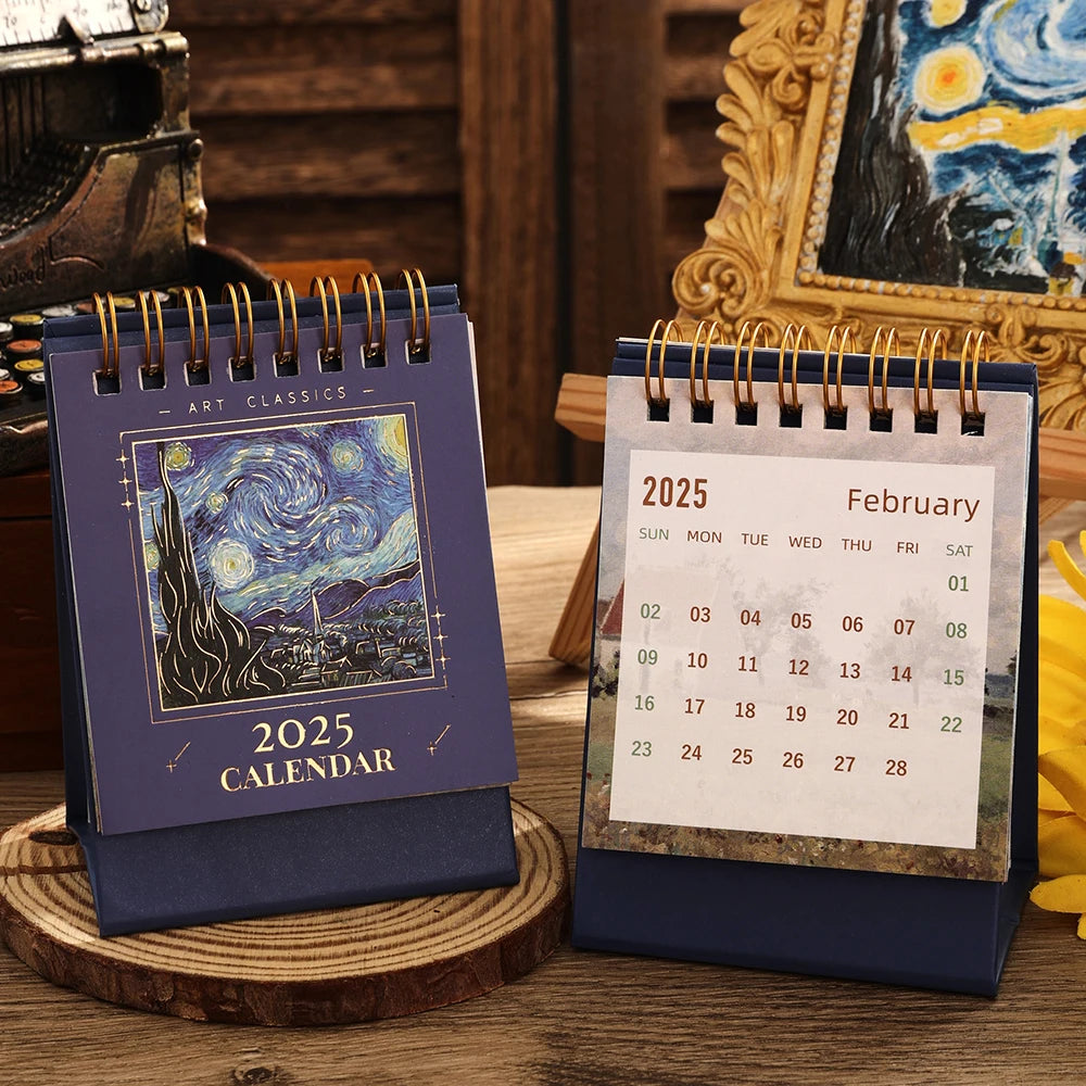 2025 Vintage Mini Bronzing Painting Desk Calendar – Monthly Flip Tabletop Planner