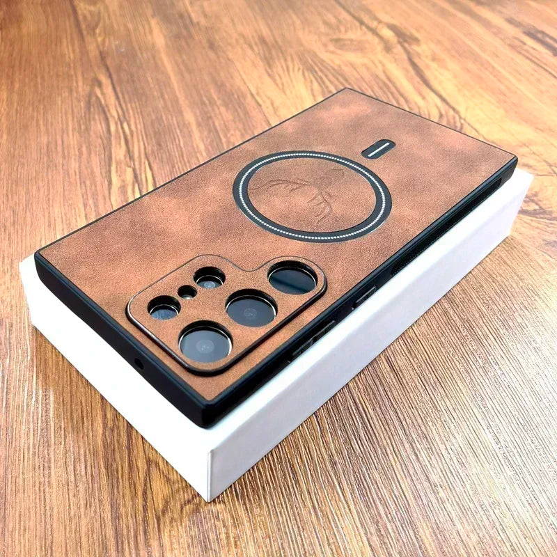 Vintage PU Leather MagSafe Case – Wireless Charging Compatible Cover for Samsung Galaxy S25 S24 S23 S22 S21 Ultra Plus FE Note 20