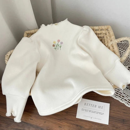 Baby Girls Winter Thickened Sweater – Warm Puff Sleeve Embroidered Top for Kids 1-6 Years
