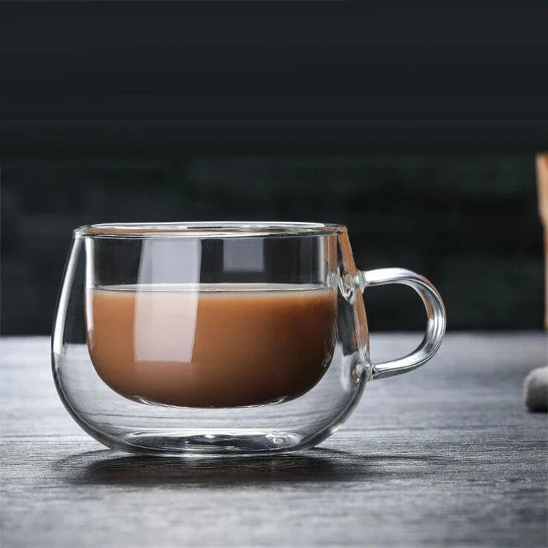 150-350ml Heat Resistant Double Wall Borosilicate Glass Coffee Mug with Handle – Insulated Clear Glass Cup for Milk, Water & Hot Drinks, Perfect Gift