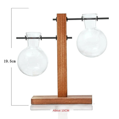 Glass Planter Bulb Vase with Wooden Stand – Desktop Hydroponic Plant Holder for Home & Office