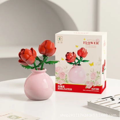 Flower Building Block Set with Pot – DIY Bouquet Kit with Roses, Lilies & Decorative Display Vase
