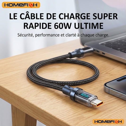 HOMEFISH 60W USB-C Super Fast Charging Cable with Digital Display, Braided Anti-Fracture Wire, Maximum Compatible with 120W