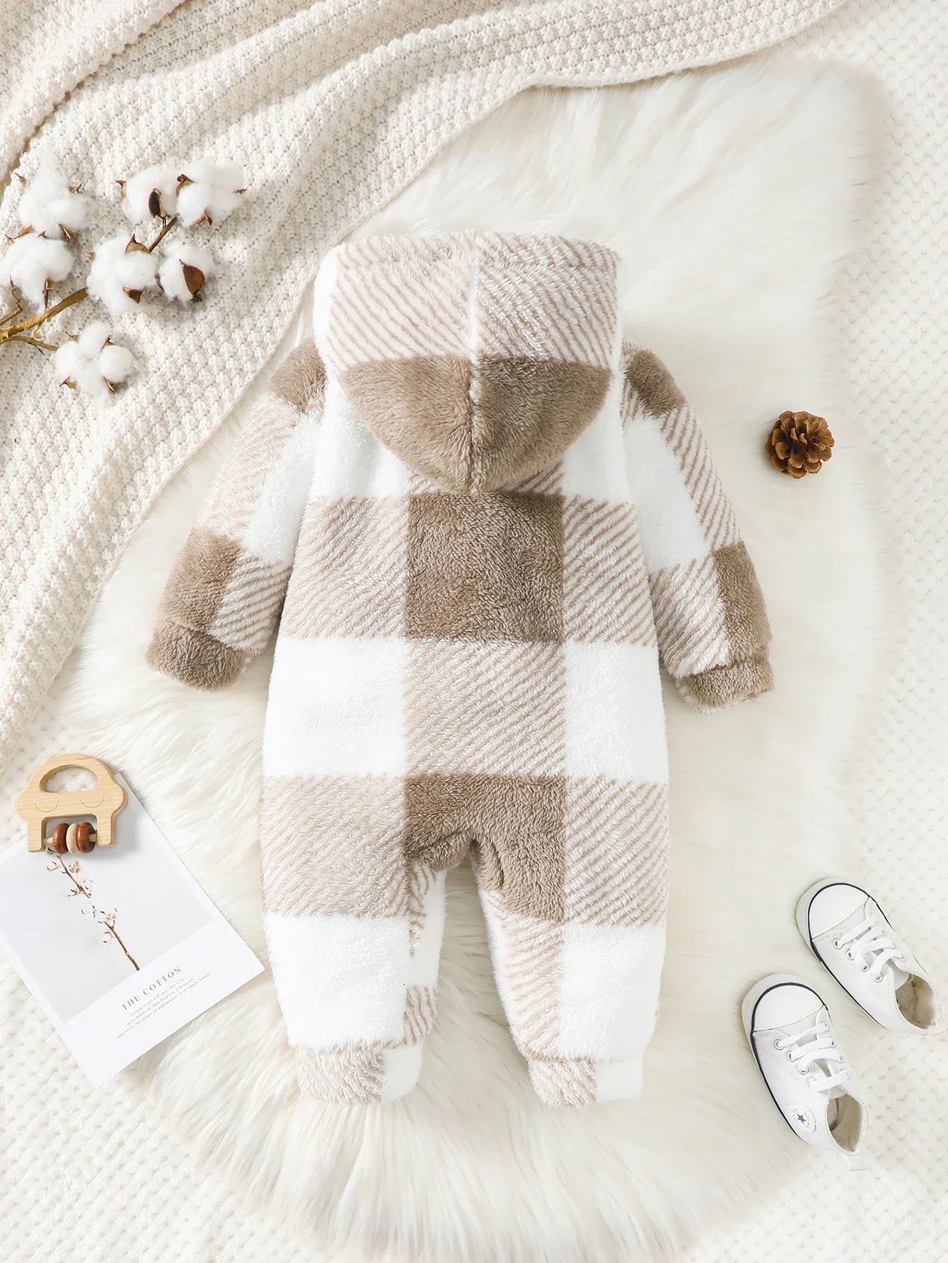 Plaid Hooded Romper – Warm Plush Winter Jumpsuit for Baby Boys & Girls (3–24 Months)