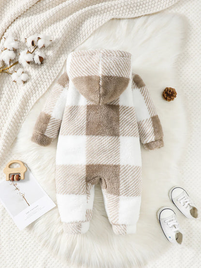 Plaid Hooded Romper – Warm Plush Winter Jumpsuit for Baby Boys & Girls (3–24 Months)