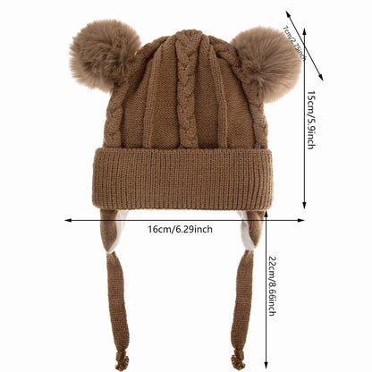 Bear Knit Winter Hat – Warm Baby Earmuff Cap with Pompoms & Cotton Lining