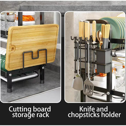 Multi-Functional 1/2-Tier Kitchen Dish Rack with Chopsticks, Knives & Cutting Board Holder – Space-Saving Sink Storage & Draining Rack