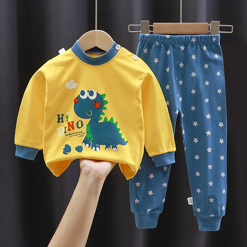 Unisex Cotton Dinosaur Pajamas Set – Soft & Durable Kids Sleepwear for Spring and Autumn