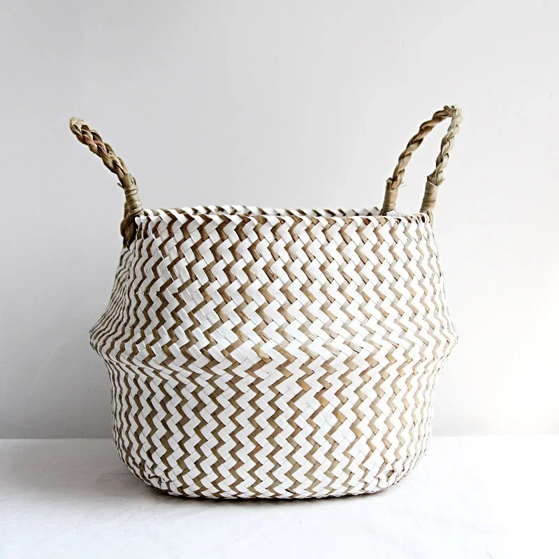 Boho Wicker Hanging Basket – Handmade Foldable Seagrass Flower Pot