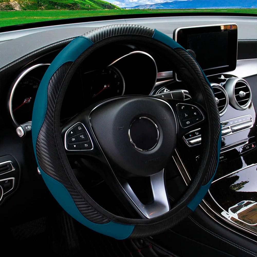 PU Carbon Fiber Leather Steering Wheel Cover – Fits 14.5–15 Inch Cars, Durable Automotive Accessory