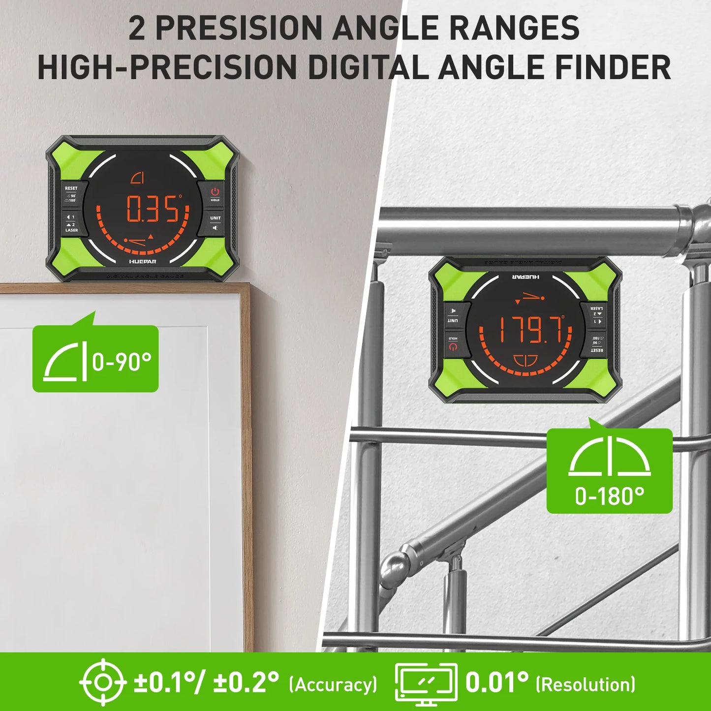 Huepar Digital Laser Angle Gauge – 3-in-1 Electronic Protractor with LCD Display, Magnetic Inclinometer & Laser Dot Level Tool (AG2L)