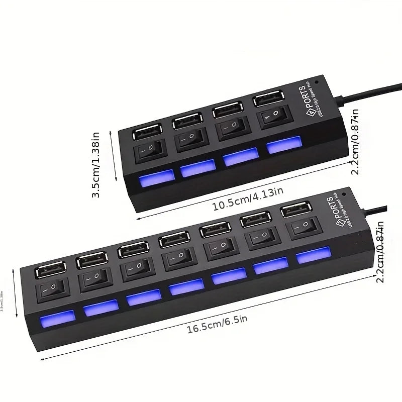 Multi USB Splitter Hub 2.0 – 4/7 Port High-Speed USB Expander with LED Switch for PC & Laptop Data Transfer