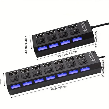 Multi USB Splitter Hub 2.0 – 4/7 Port High-Speed USB Expander with LED Switch for PC & Laptop Data Transfer