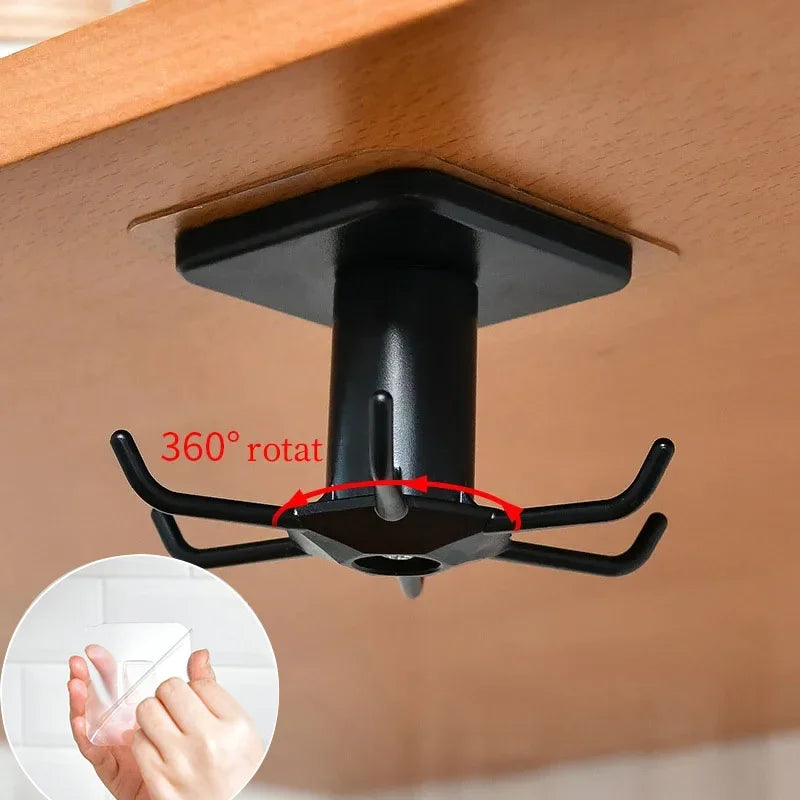 Rotating Kitchen Hooks Storage Rack – No-Punch Wall-Mounted Multifunctional Organizer for Kitchenware