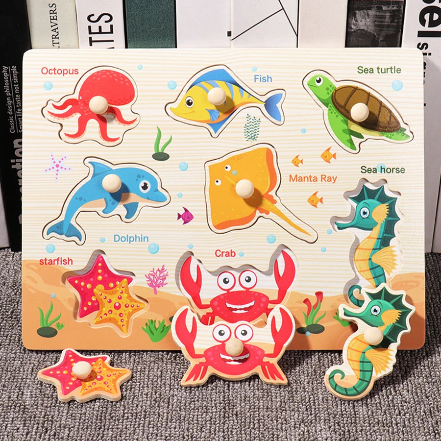 ﻿Montessori Wooden Hand Grab Boards Baby Educational Cartoon Vehicle Animals Fruits 3D Puzzles Kids Early Education Toys TMZ﻿