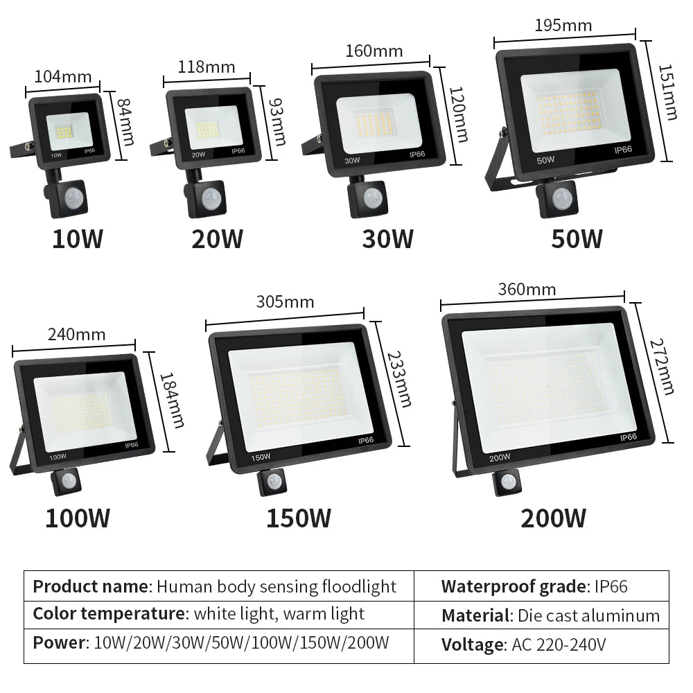 LED PIR Motion Sensor Floodlight Outdoor Wall Light – Waterproof IP66 White LED Spotlight 10W to 100W for Garden & Security