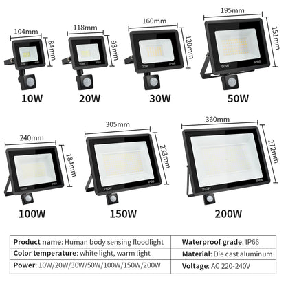 LED PIR Motion Sensor Floodlight Outdoor Wall Light – Waterproof IP66 White LED Spotlight 10W to 100W for Garden & Security