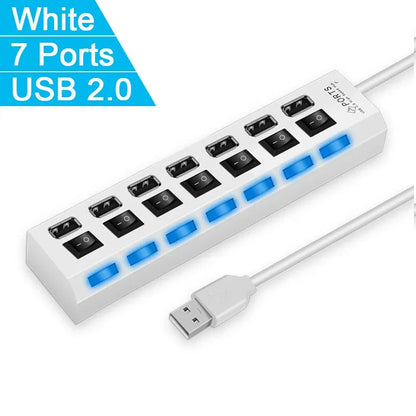 Multi USB Splitter Hub 2.0 – 4/7 Port High-Speed USB Expander with LED Switch for PC & Laptop Data Transfer