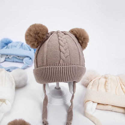 Bear Knit Winter Hat – Warm Baby Earmuff Cap with Pompoms & Cotton Lining