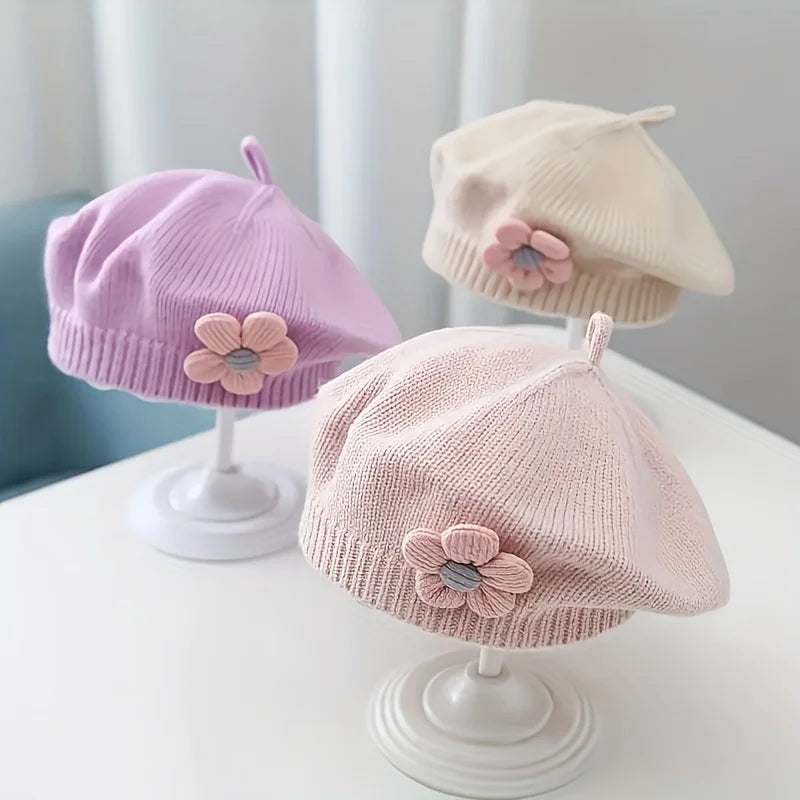 Flower Baby Beret Hat – Winter Warm Knitted Beanie Cap for Infant Girls