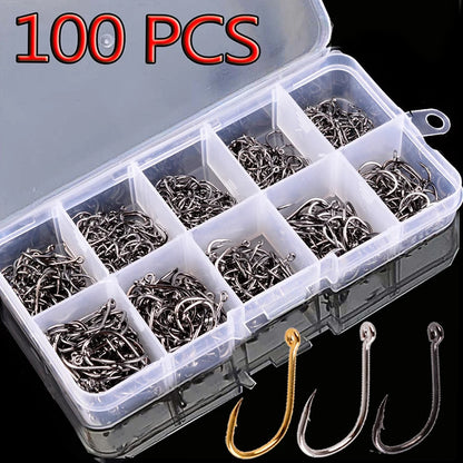 100Pcs High Carbon Steel Fishing Hooks Set – Assorted Barbed Carp Hooks for Fly & Jig Fishing