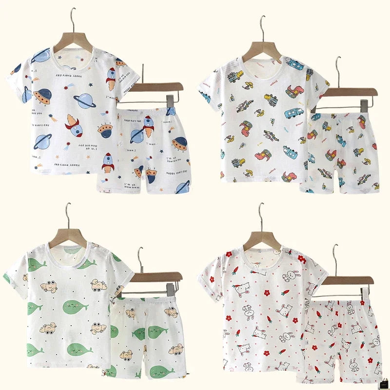 Children's Summer Cotton Sleepwear Set – Breathable Short Sleeve T-shirt & Shorts for Boys and Girls