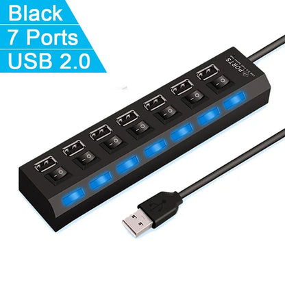 Multi USB Splitter Hub 2.0 – 4/7 Port High-Speed USB Expander with LED Switch for PC & Laptop Data Transfer