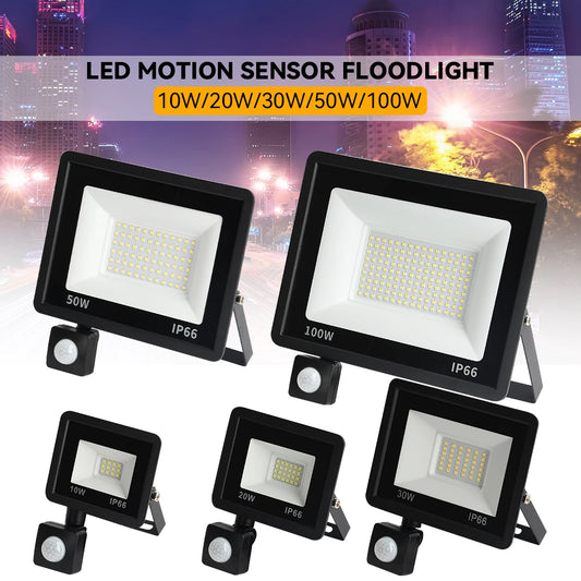LED PIR Motion Sensor Floodlight Outdoor Wall Light – Waterproof IP66 White LED Spotlight 10W to 100W for Garden & Security