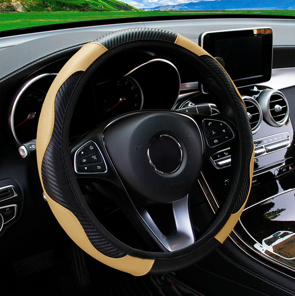 PU Carbon Fiber Leather Steering Wheel Cover – Fits 14.5–15 Inch Cars, Durable Automotive Accessory