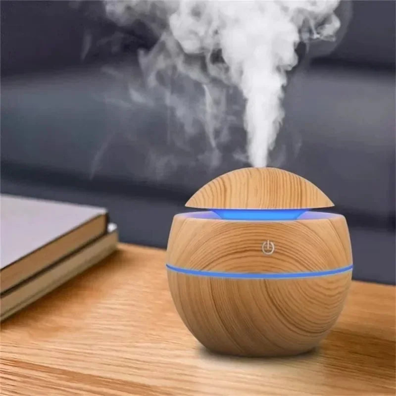 Mini Woodgrain USB Humidifier – Ultrasonic Aromatherapy Diffuser with Color Night Light