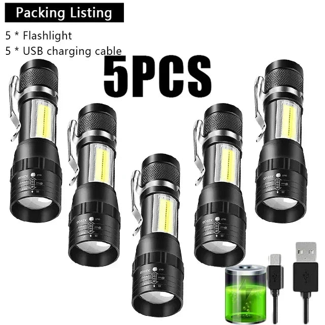 COB + XPE Mini USB Rechargeable Flashlight – Zoomable Small Torch with Clip, 350 Lumens, Waterproof Emergency Light for Camping, Hiking, Fishing