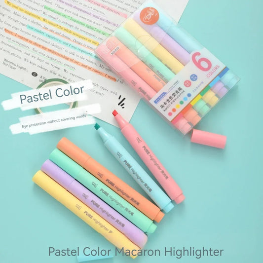 6Pcs Pastel Color Macaron Highlighter Pen Set – Cute Fluorescent Marker Pens for School & Office