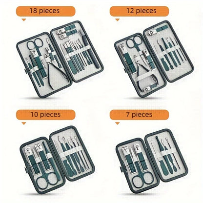 Professional 7/10/12/18 Piece Stainless Steel Nail Care Kit – Manicure & Pedicure Set with Travel Case