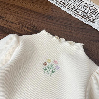 Baby Girls Winter Thickened Sweater – Warm Puff Sleeve Embroidered Top for Kids 1-6 Years